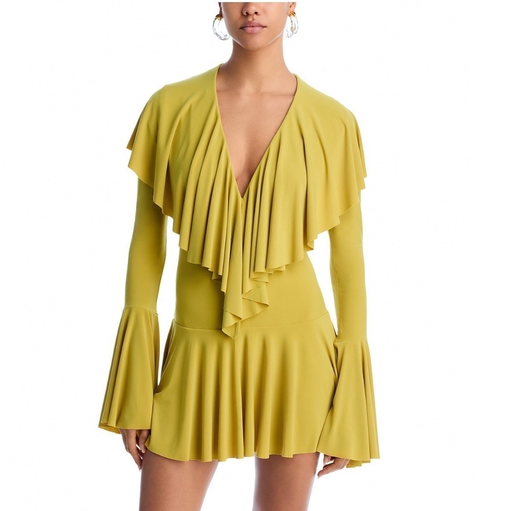 Norma Kamali Long Sleeve Deep V Ruffle Mini Dress Asparagus Green Large